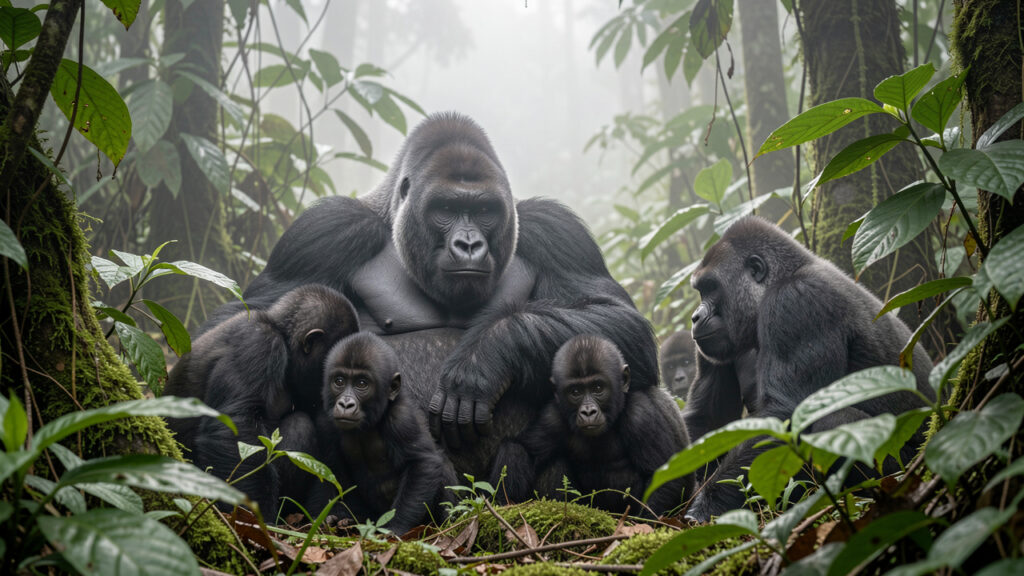Groupe de gorilles de montagne dans une forêt brumeuse des Virunga, avec un dos argenté entouré de femelles et de jeunes.
