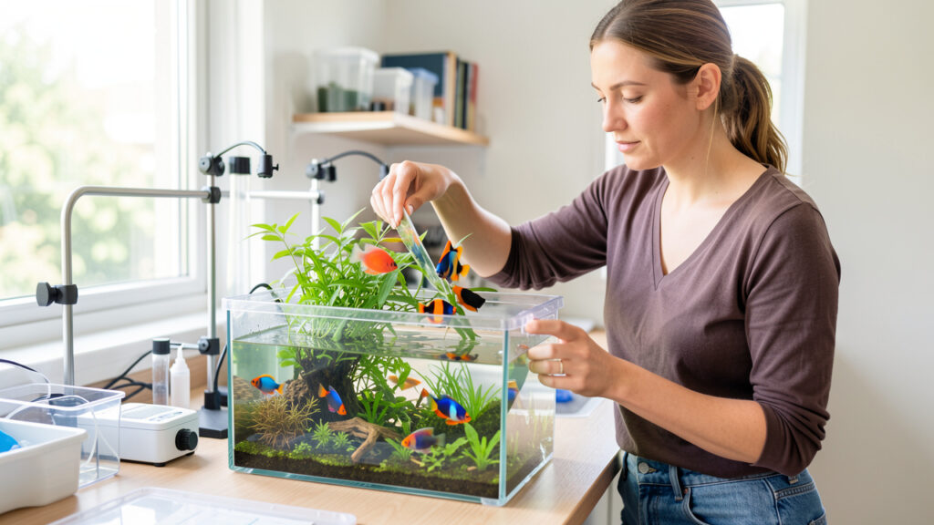 Une femme aquariophile prépare avec soin le transfert responsable de poissons tropicaux depuis un aquarium planté, dans une ambiance lumineuse et réaliste.